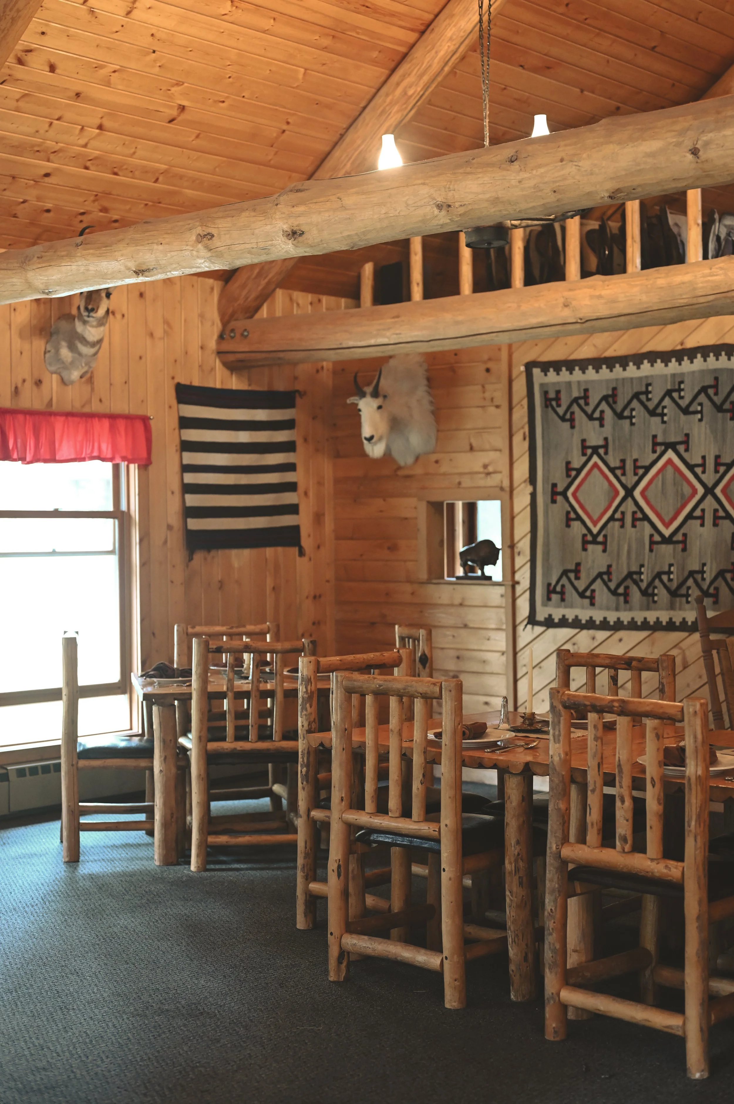 The lodge dining room at Blackwater Creek in Cody, Wyoming.