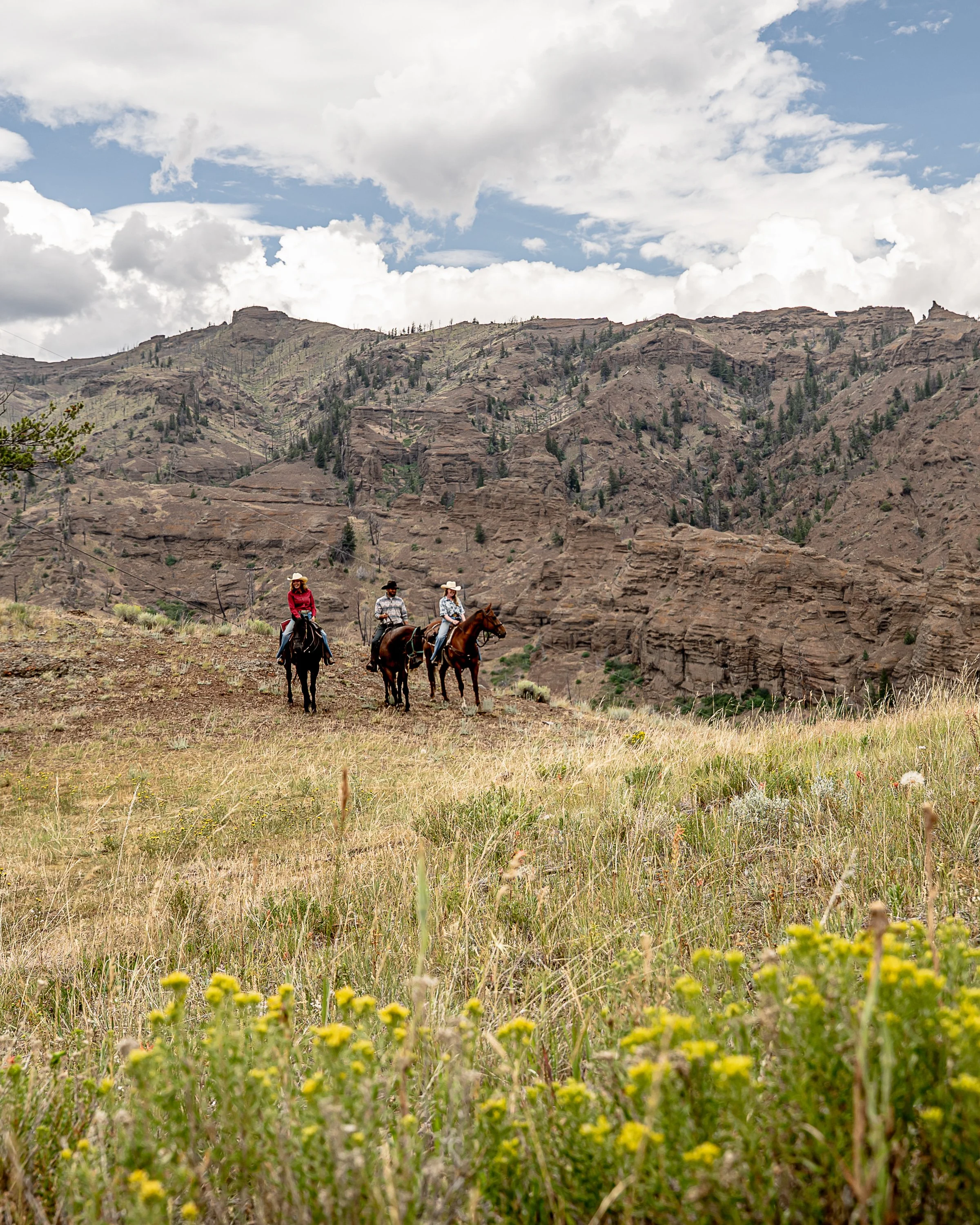 A group of horseback riders during a Wyoming dude ranch vacation. 