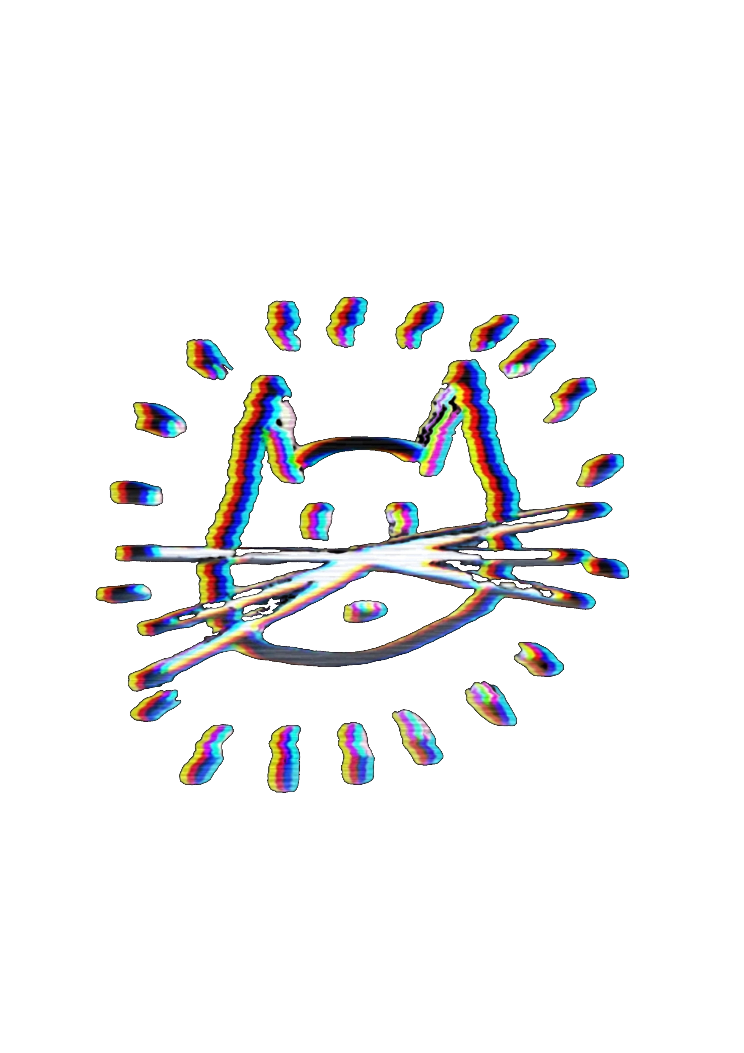 Glitch art of a cat face with rainbow colors on a black background.