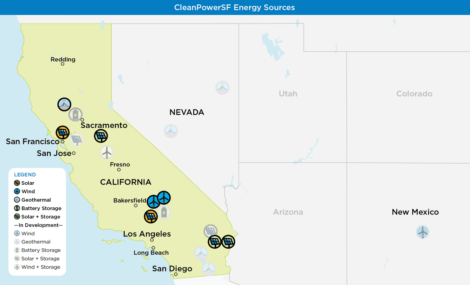 A map showing where CleanPowerSF sources its clean energy.