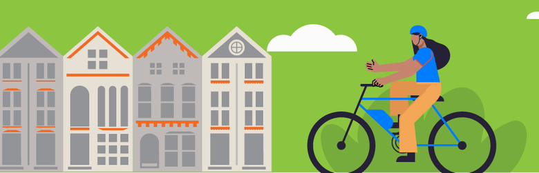 A graphic of a person riding their electric bike.