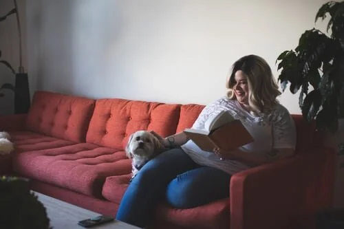 A person reading a book on their couch next to their small dog.