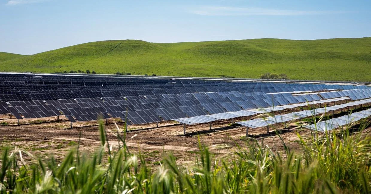 Rows of solar panels installed across a grassy landscape with rolling hills.