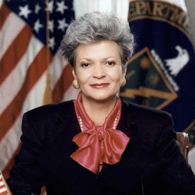 Person in formal attire seated in front of U.S. flags and an official government emblem.