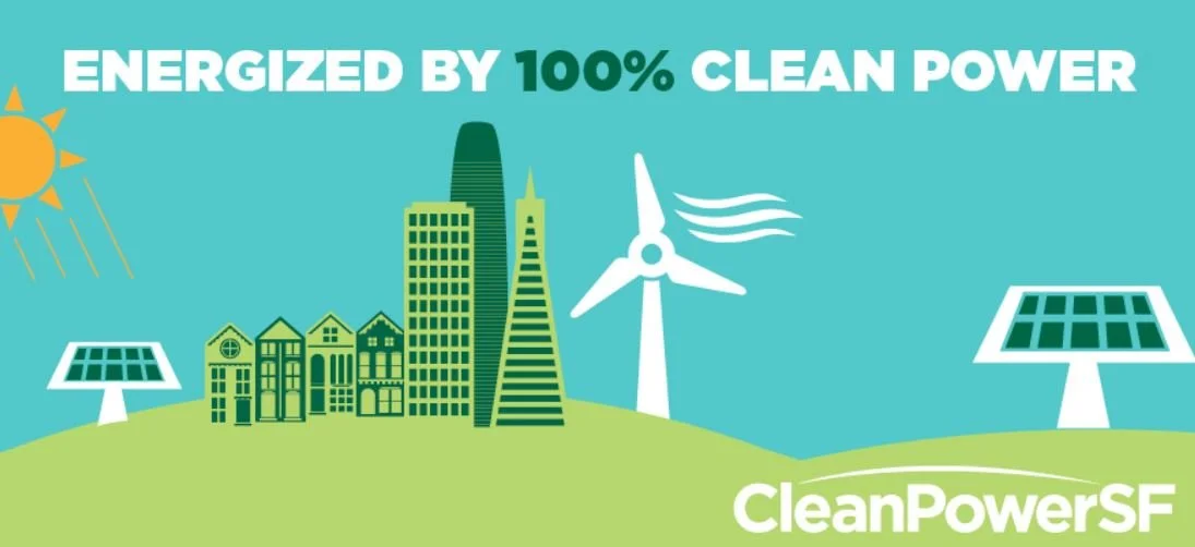 Illustration of a city skyline, wind turbine, solar panels, and sun with the text “Energized by 100% Clean Power” and “CleanPowerSF” on a green and blue background promoting renewable energy.