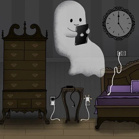 A cheerful ghost sits in midair using a tablet.