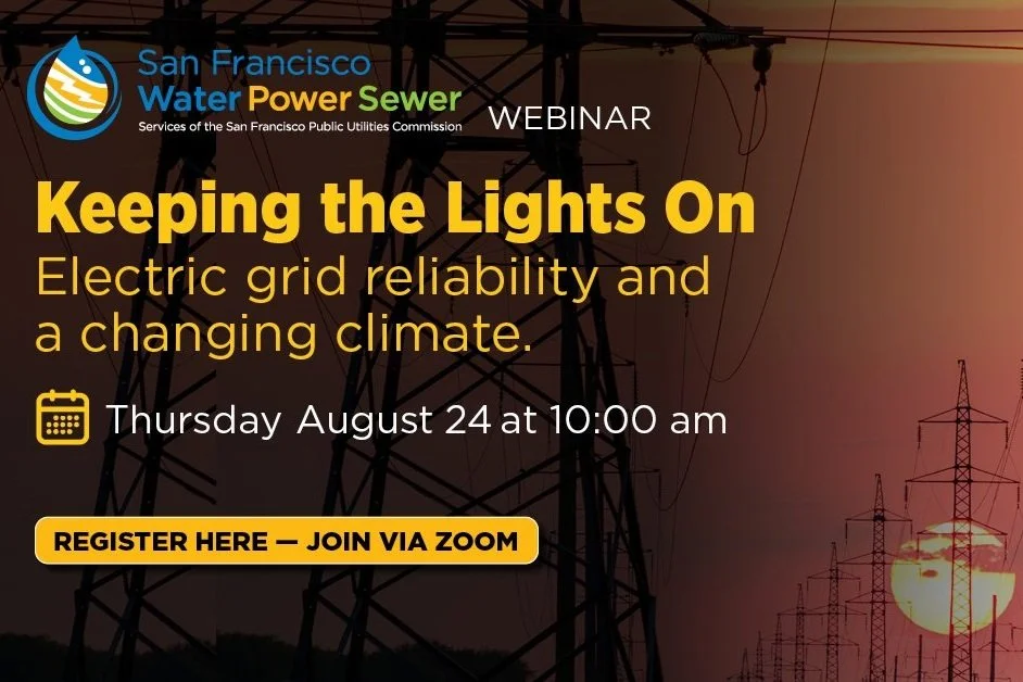 Webinar flyer with power lines at sunset, promoting Keeping the Lights On: Electric grid reliability and a changing climate.