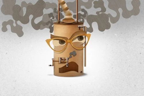 A cylindrical, cardboard-like object with glasses and facial features forms an abstract, angry face. Pipes stick out, and gray smoke billows from the top against a white background.