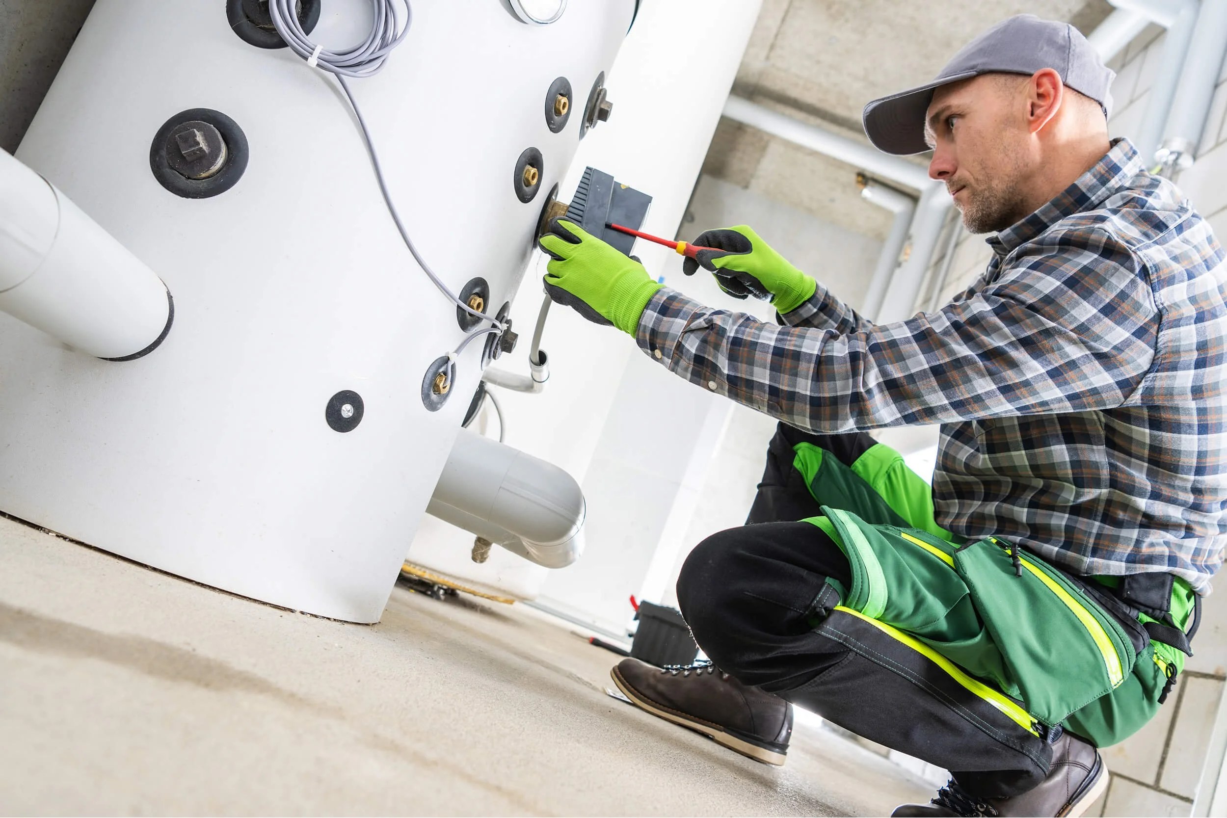 A worker replacing a water heater.
