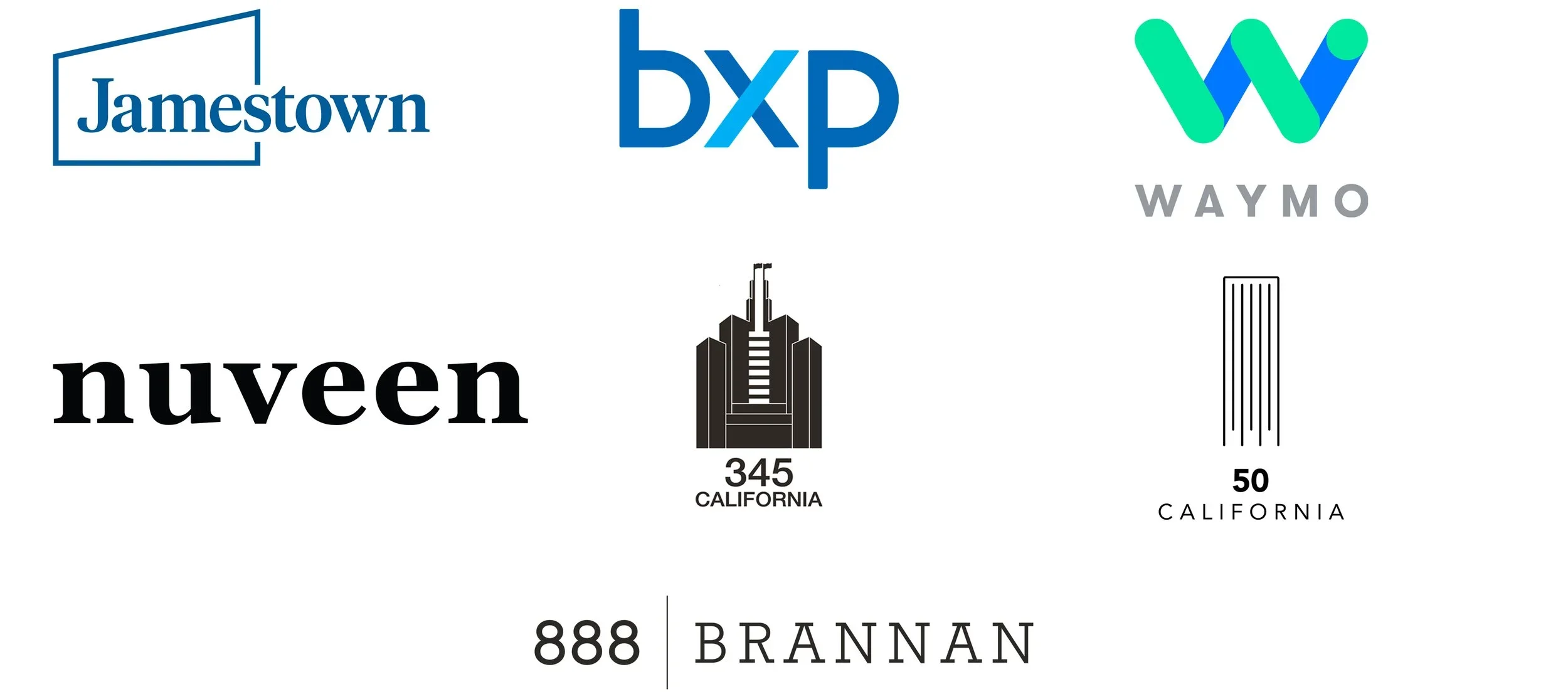 Companies and their logos that have participated in the Peak Day Partners program. Companies listed are: Jamestown, bxp, Waymo, Nuveen, 345 California, 50 California, and 888 Brannan.