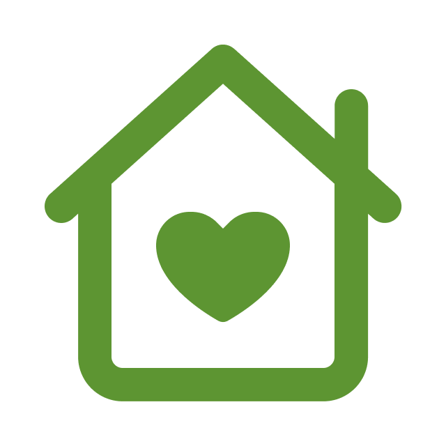 A graphic of a green house with a green heart in the middle.