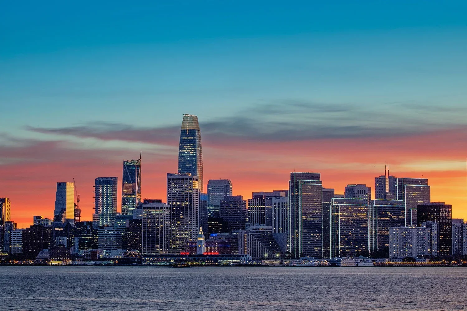 View of San Francisco city buildings and the ocean.