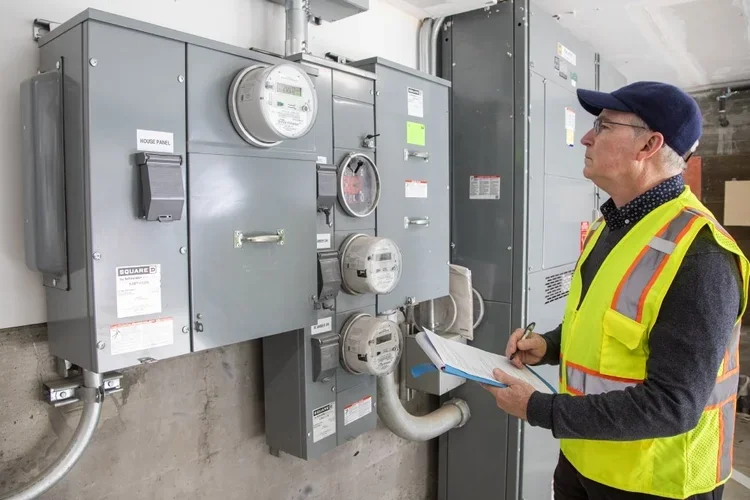 A worker inspecting electrical meters and panels.