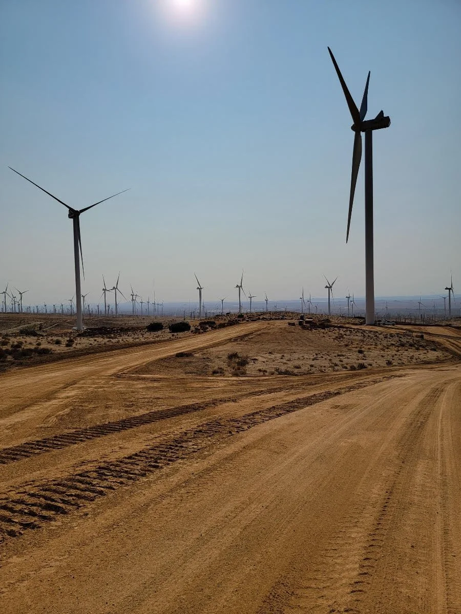 Multiple wind turbines on dry land.