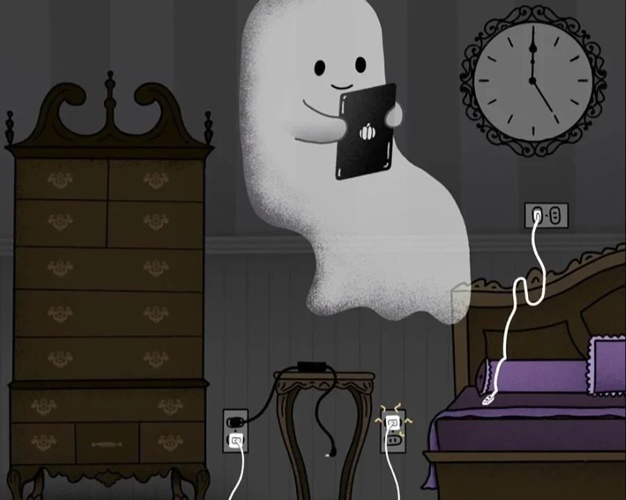 A cartoon ghost using a tablet