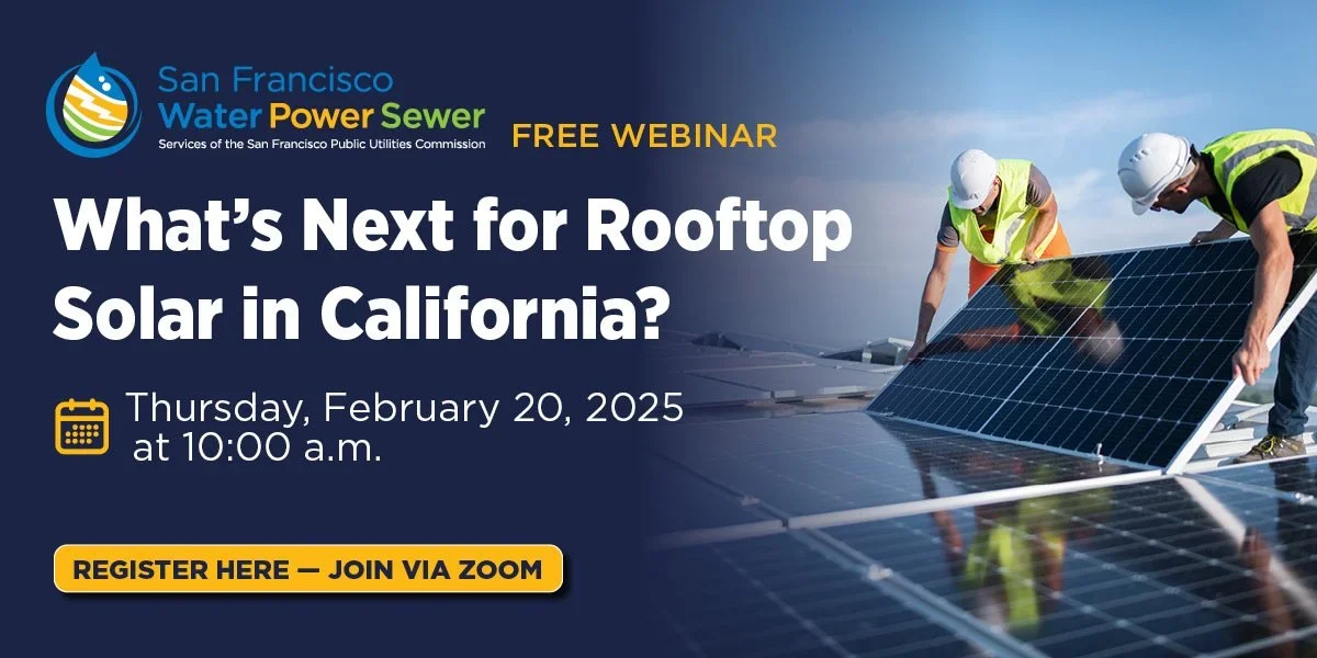 Promo graphic for “What’s Next for Rooftop Solar in California?” webinar on February 20, 2025 at 10 a.m.