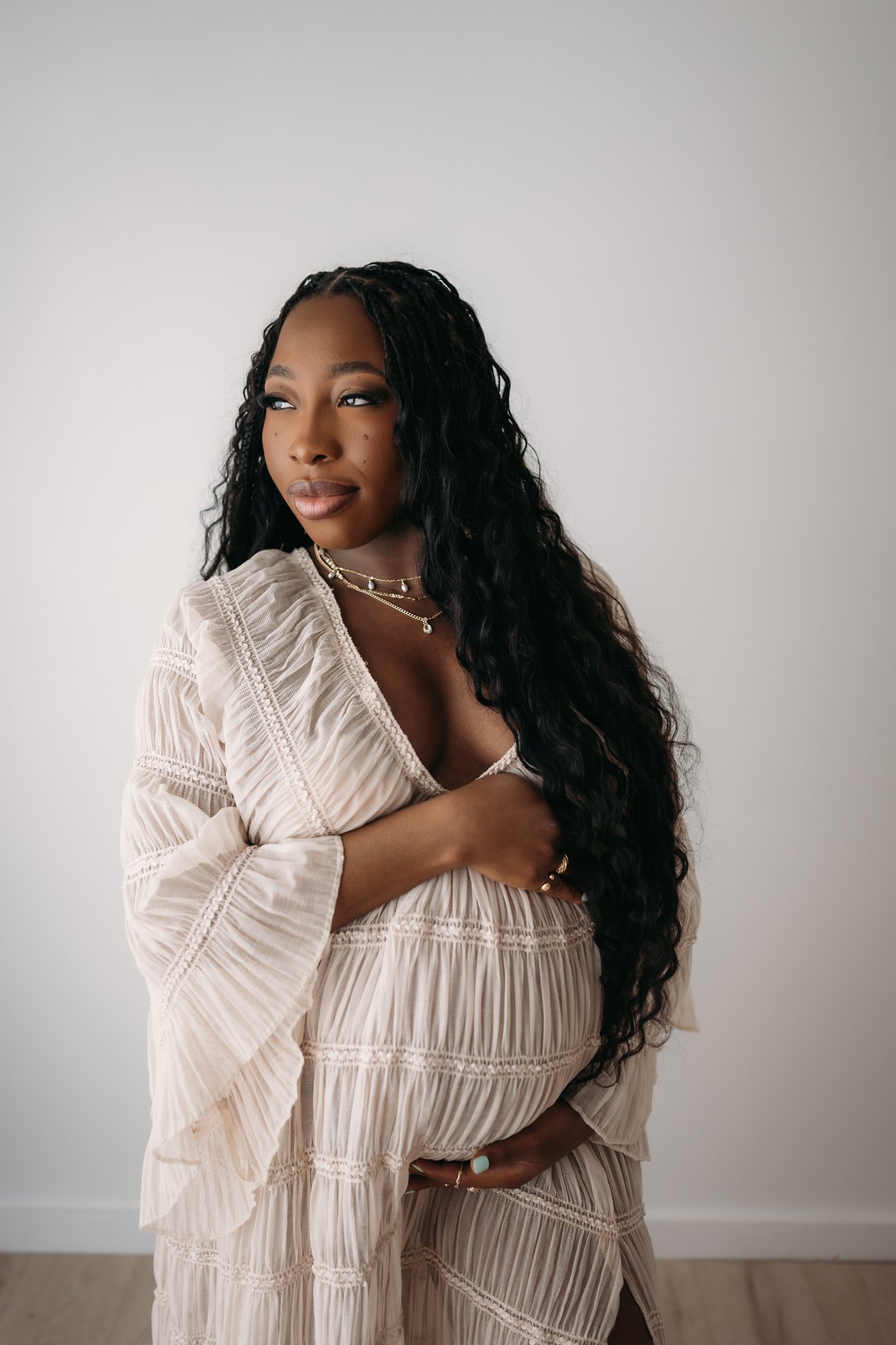 maternity studio portrait woman neutral dress The Woodlands TX