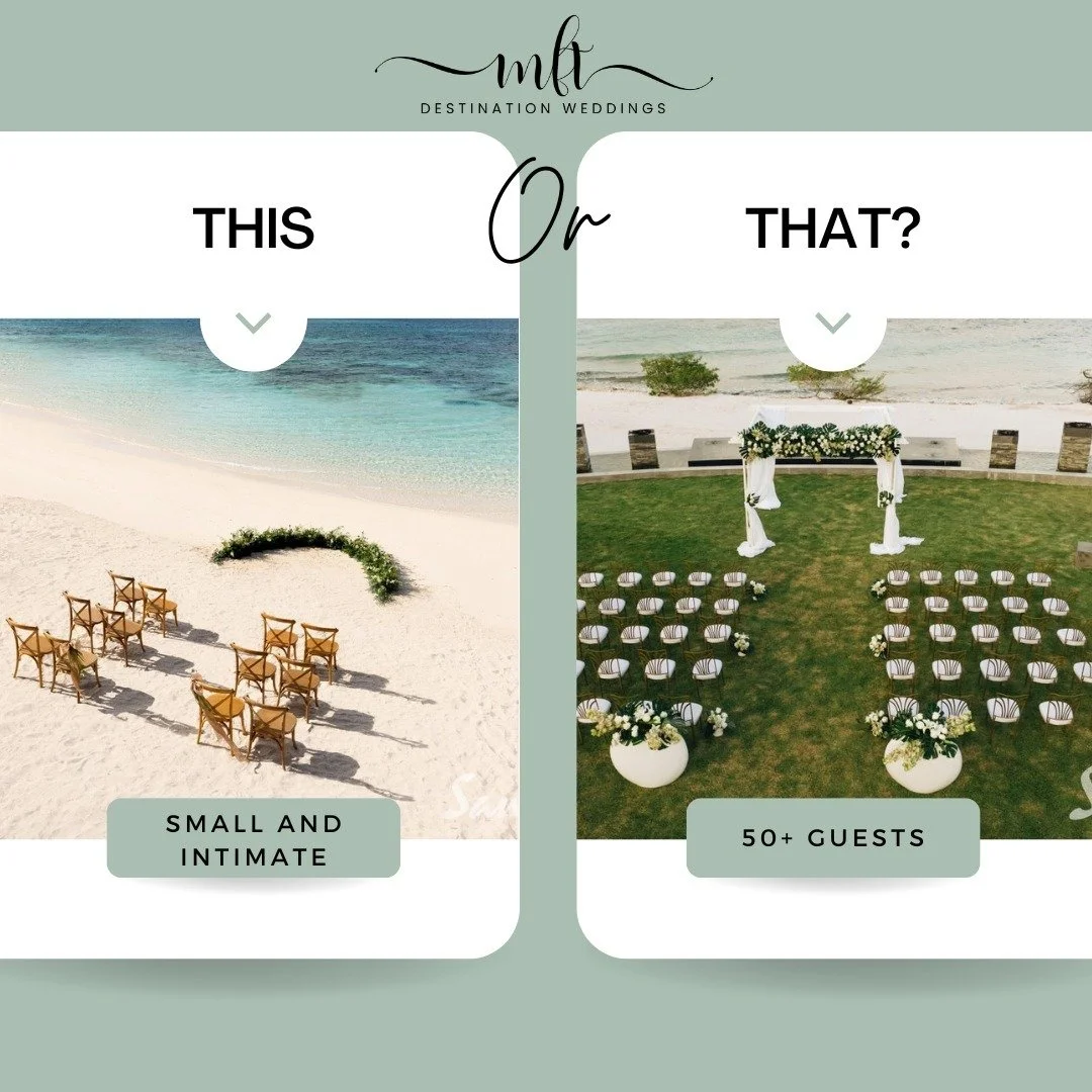 THIS 👈 or 👉 THAT?
What size wedding ceremony appeals to you more? 
💖Small and intimate with just your close family and friends.
💕50+, extending invites to plus ones and those you don't see as often as you would like.
#destiantionwedding #bridetob