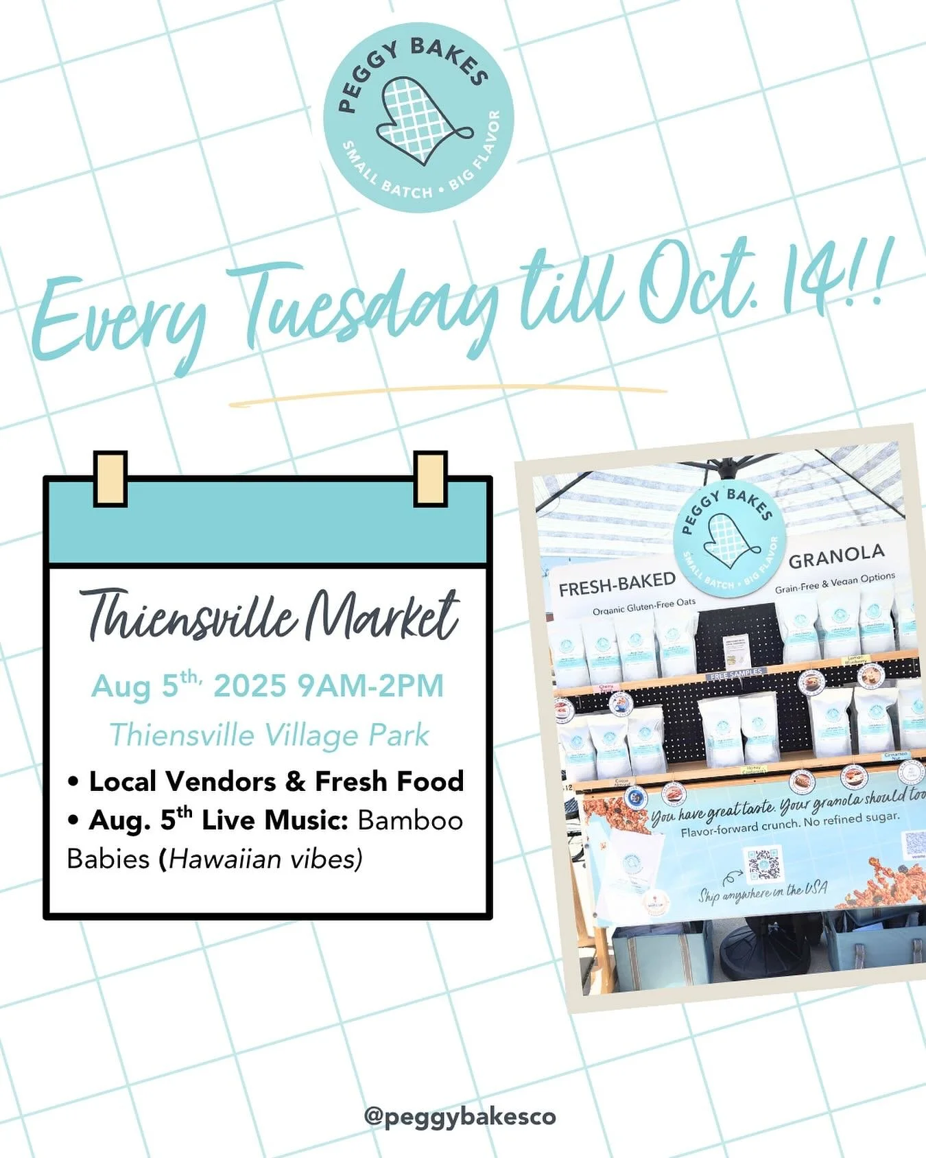 Hope to see you in Thiensville tomorrow! Weather looks gorgeous #summervibes #peggybakes #farmersmarketfinds #glutenfree