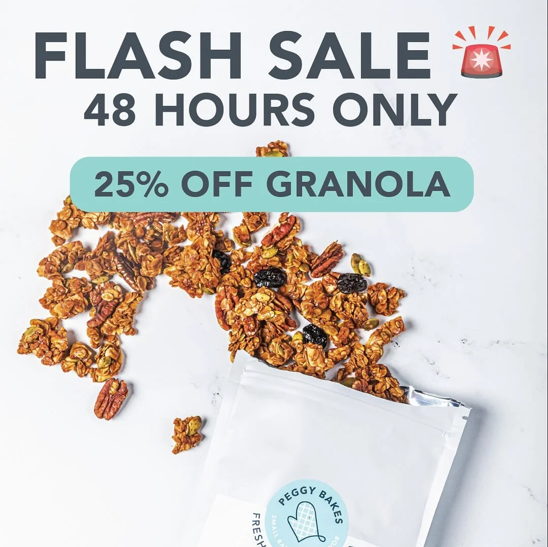FLASH SALE ALERT 🚨
Only 48 hours to snag your favorite Peggy Bakes granola flavors at 25% OFF!
📅 Oct. 1 &ndash; Oct. 3 (ends at midnight)
🌟 Website exclusive

✨ Cherry Pecan
✨ Lemon Blueberry
✨ Cinnamon Nut (Grain Free)
✨ Cocoa Almond
✨ Honey Card