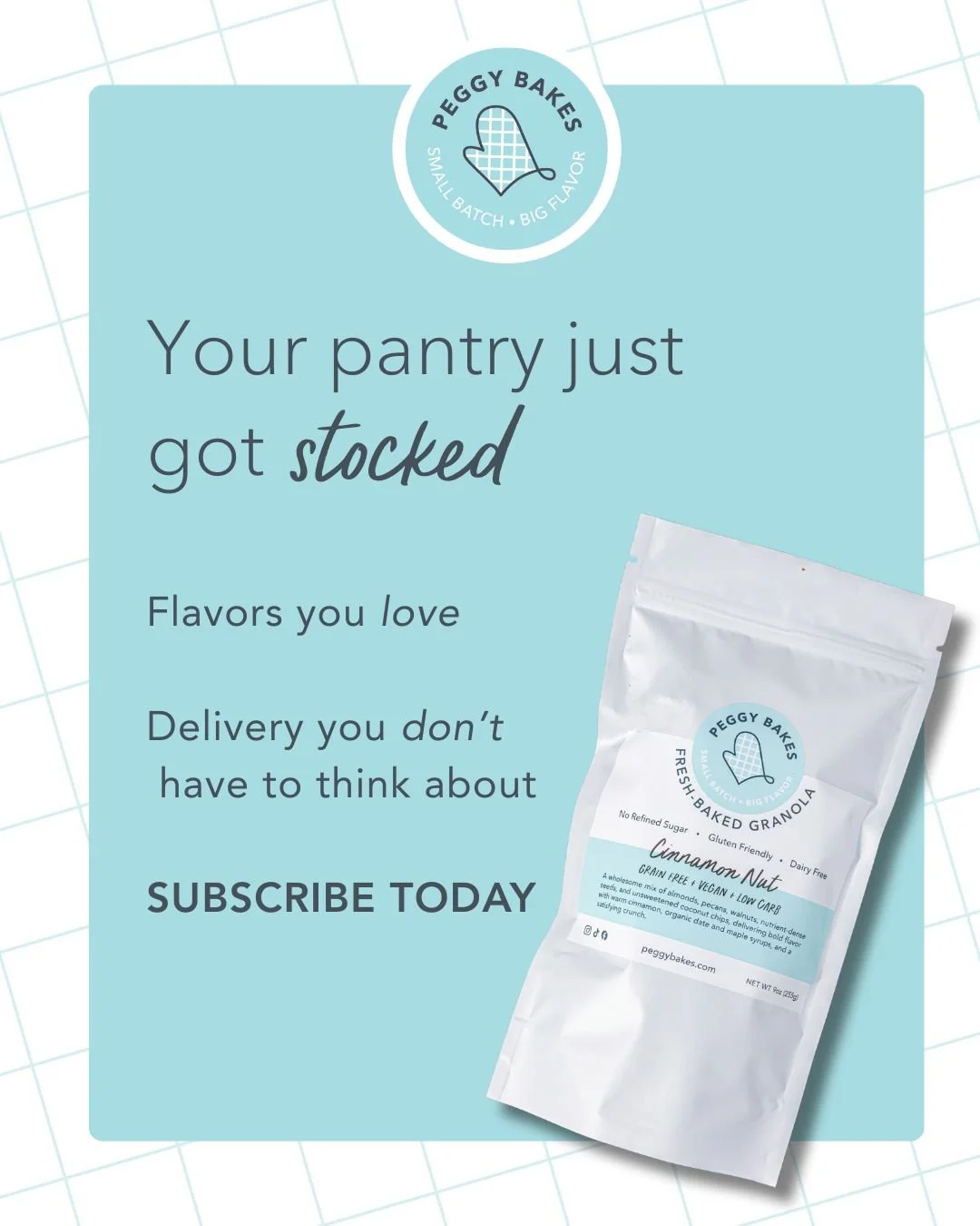 Granola on autopilot? Yeah, we did that. 

Pick your flavors. Pick your bag count.
Then let your granola fairy do the rest.

✨ Ships the first week of every month
✨ Fresh bags show up, cravings chill out
✨ Live your best snack-fueled life

Tap the li