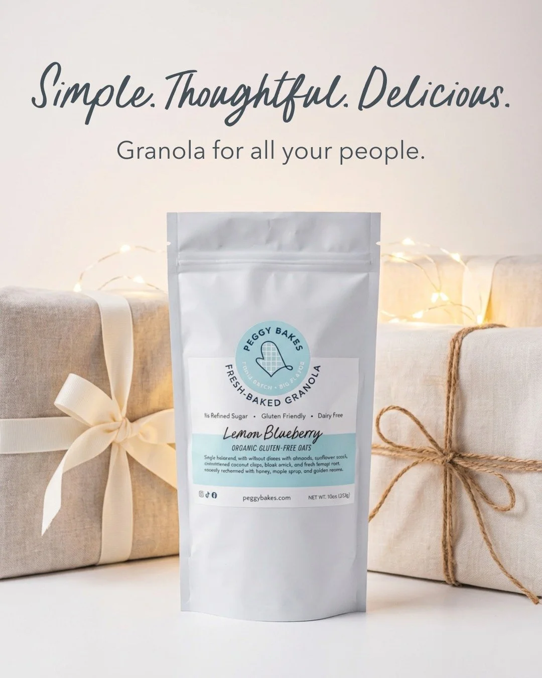 Thoughtful. Simple. Delicious. Granola makes the sweetest thank-you for:
 &bull; Teachers
 &bull; Hostesses
 &bull; Dog walkers
 &bull; Caregivers
 &bull; Mail carriers
 &bull; Neighbors
 &bull; Coworkers
 &bull; Coaches
 &bull; Anyone on your &ldquo