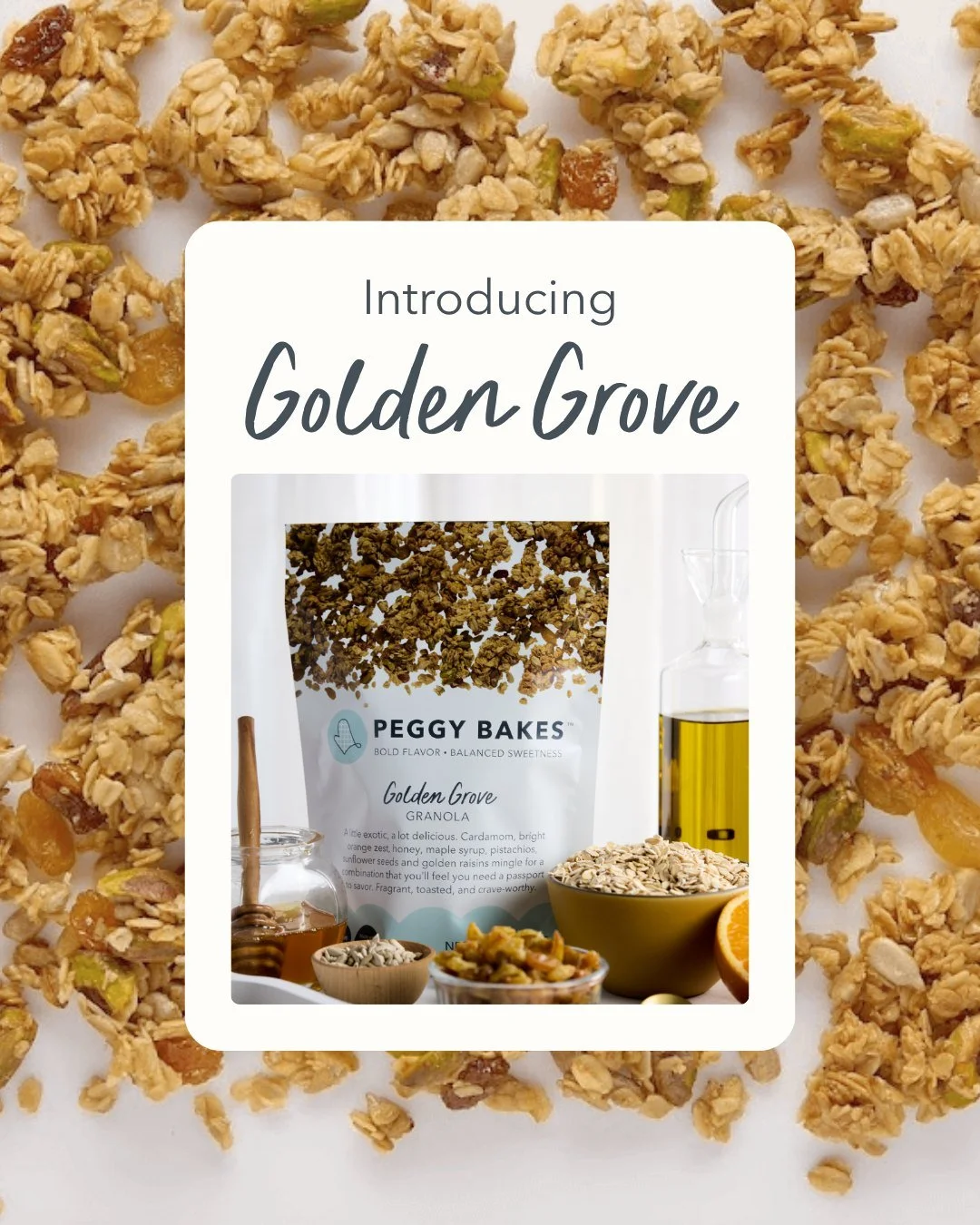 Golden Grove is here.

Our newest flavor brings together warm cardamom, bright orange zest, toasted pistachios, sunflower seeds, golden raisins, honey, maple syrup, and extra virgin olive oil for a granola that&rsquo;s fragrant, golden, and beautiful