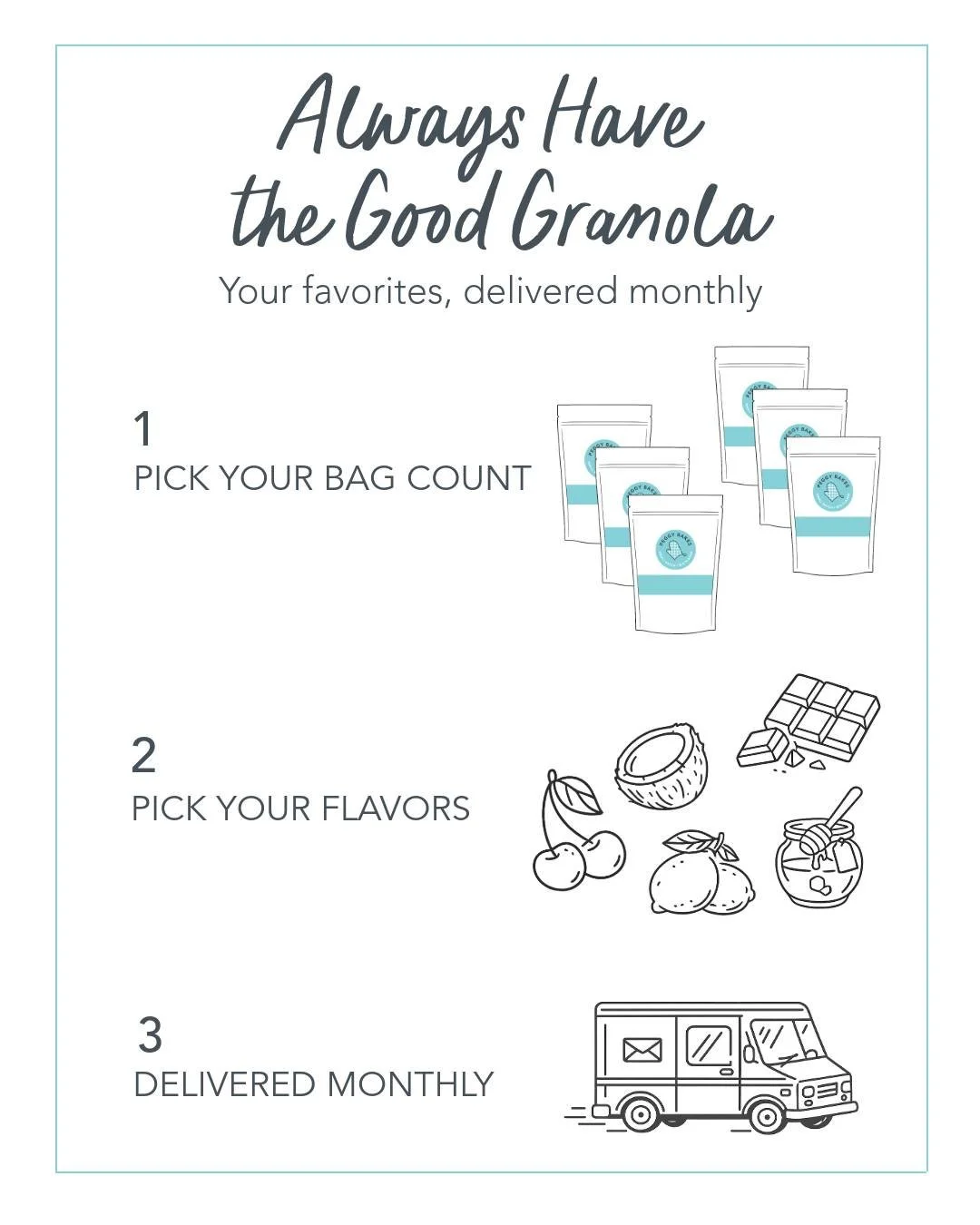 If Peggy Bakes is part of your weekly rhythm, make it effortless.

Pick your flavors (mix + match) and your bag count, and we'll take care of the rest. Fresh bags show up monthly (first week of the month).

For breakfasts, snack boards, ice cream&mda