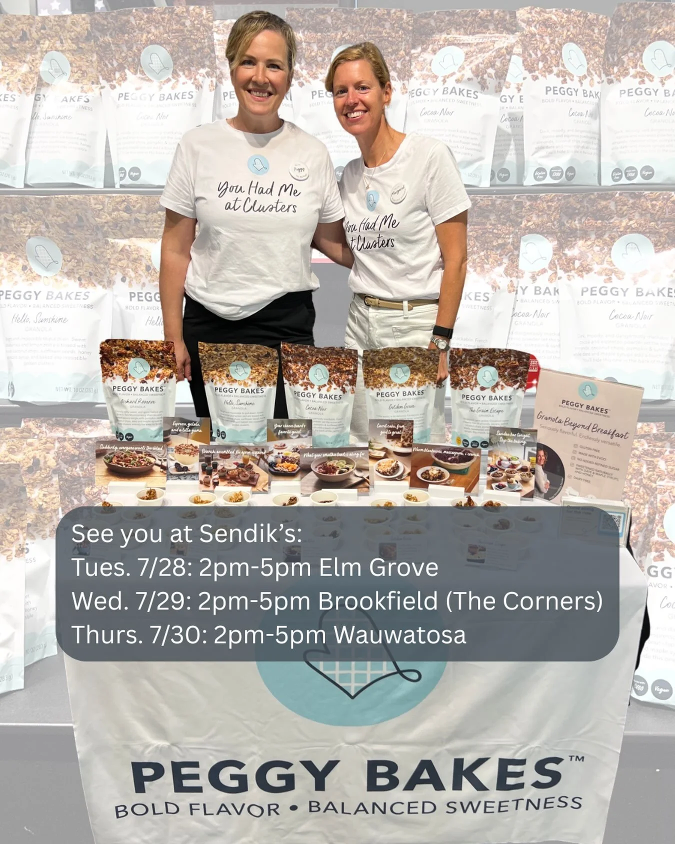 Sample all flavors of Peggy Bakes Granola and find your 🤩 favorite! We&rsquo;re back at Sendik&rsquo;s this week ❤️. Our granola is GLUTEN FREE, has NO ADDED REFINED SUGAR, and the TASTE will change your opinion of granola 😋💯🥰. Hope to see you!!