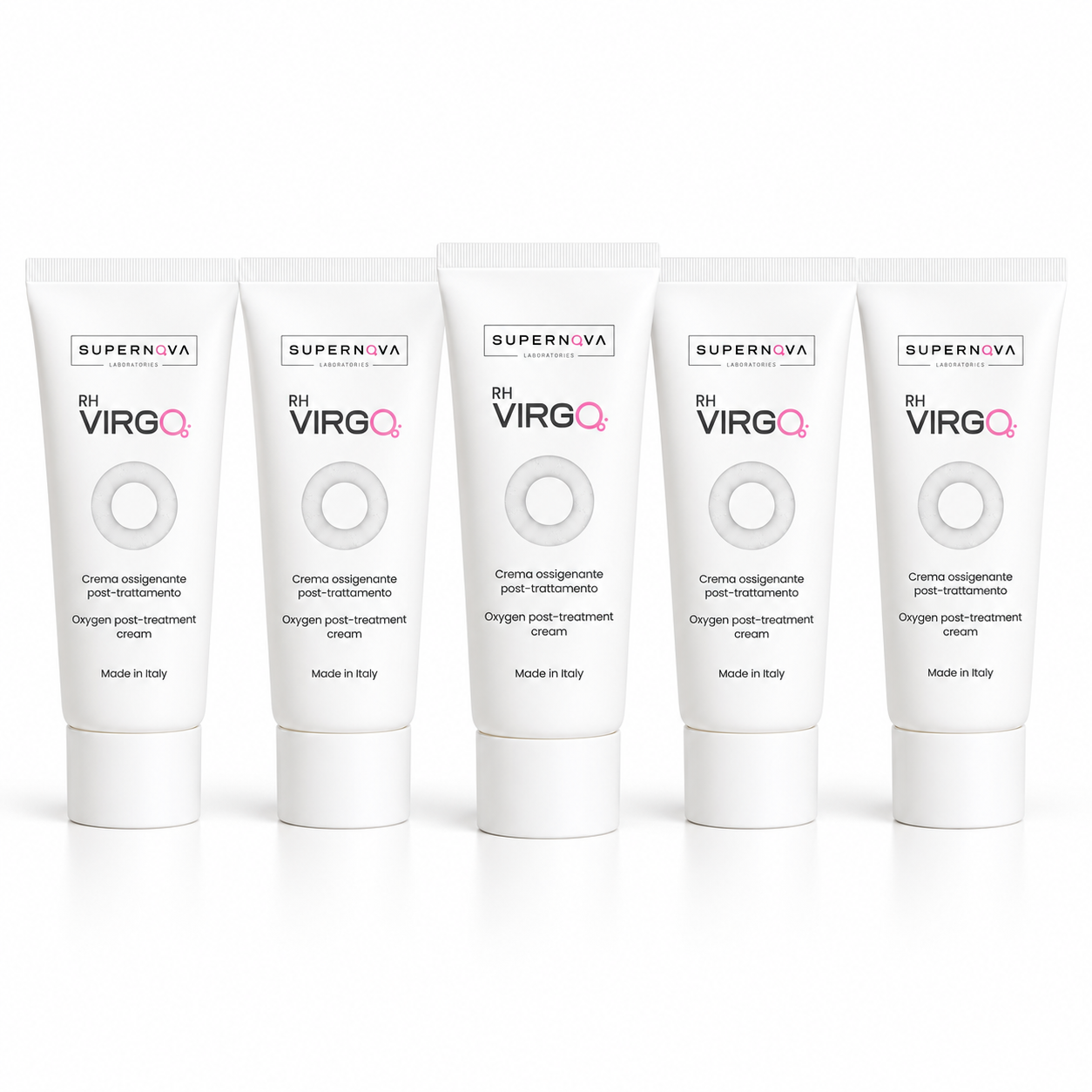 Supernova RH VIRGO oxygen post-treatment cream set with five 5 mL tubes on a white studio background