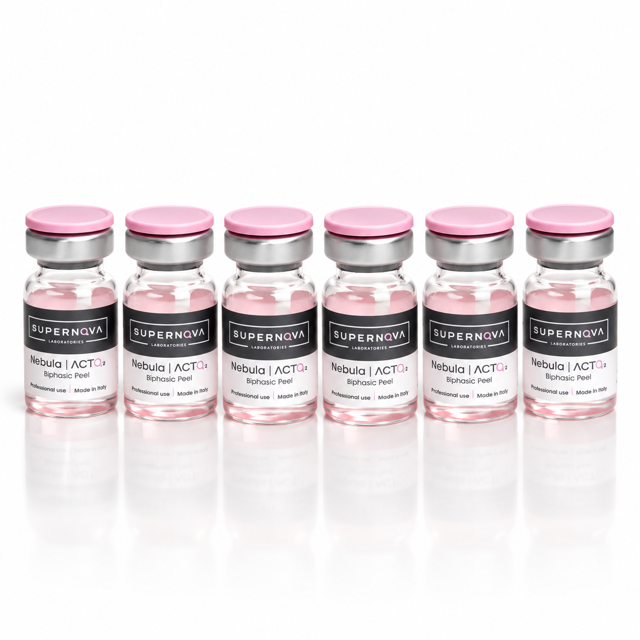 Six Supernova Laboratories Nebula ACTO2 biphasic TCA peel vials arranged in a row on a white background