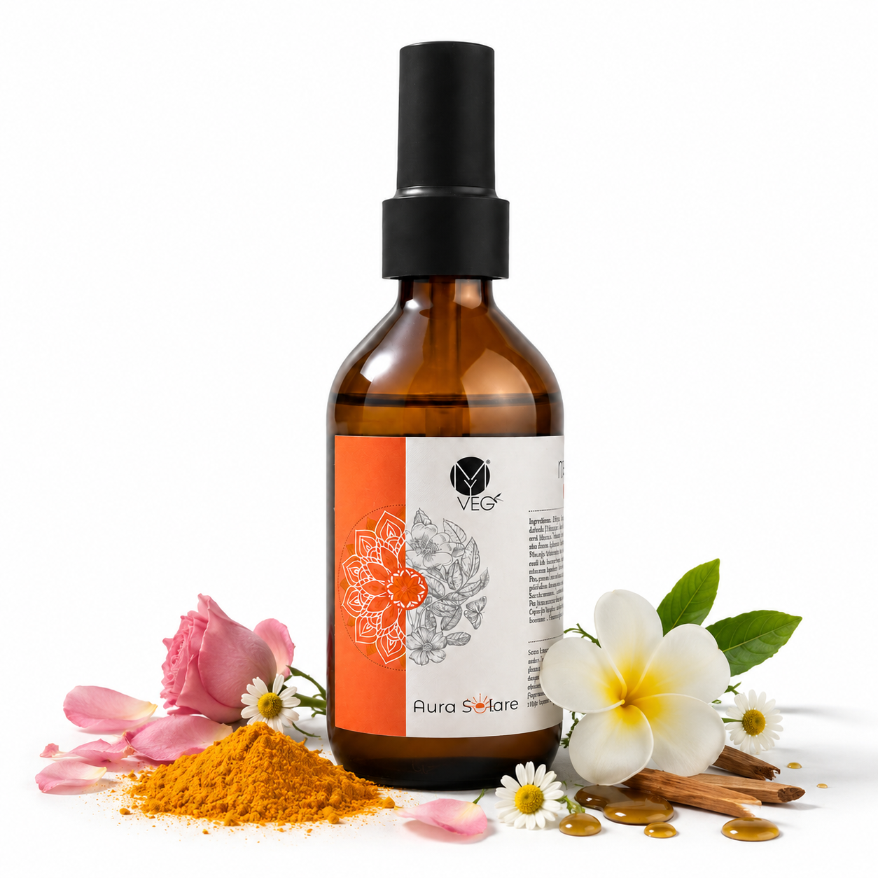 Fragrance inspiration for MyVEG Nettare Solare solar nectar — chamomile, rose, monoi, sandalwood, bay rum botanicals