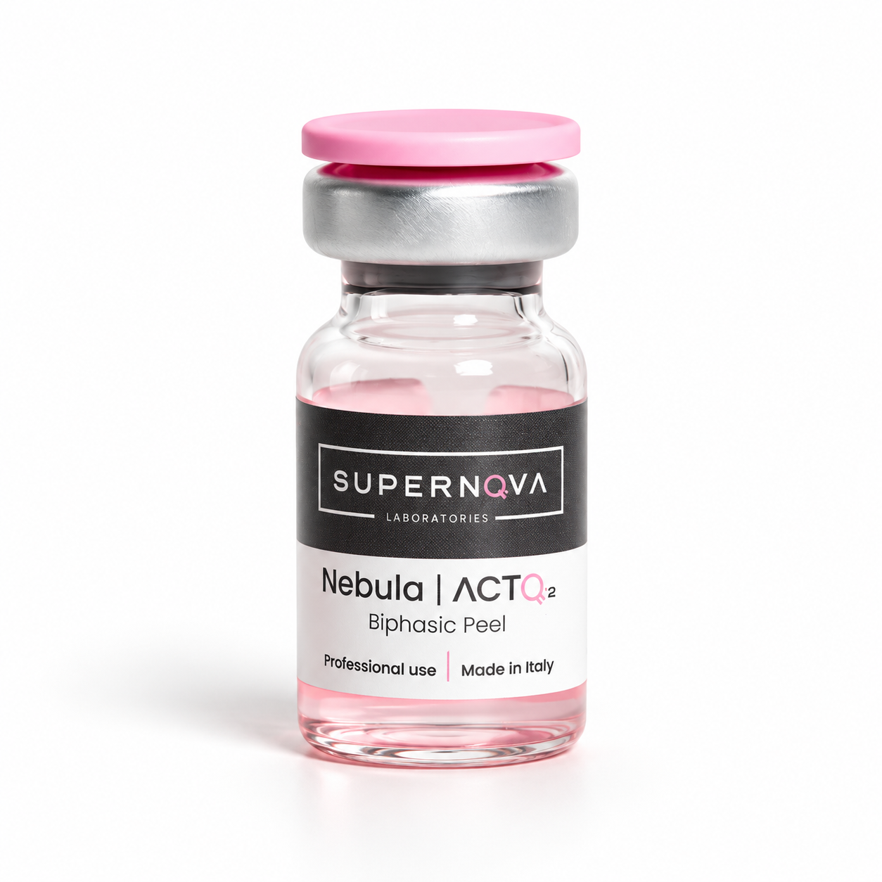 Supernova Laboratories Nebula ACTO2 Biphasic TCA Peel vial with pink cap on a clean white studio background, made in Italy