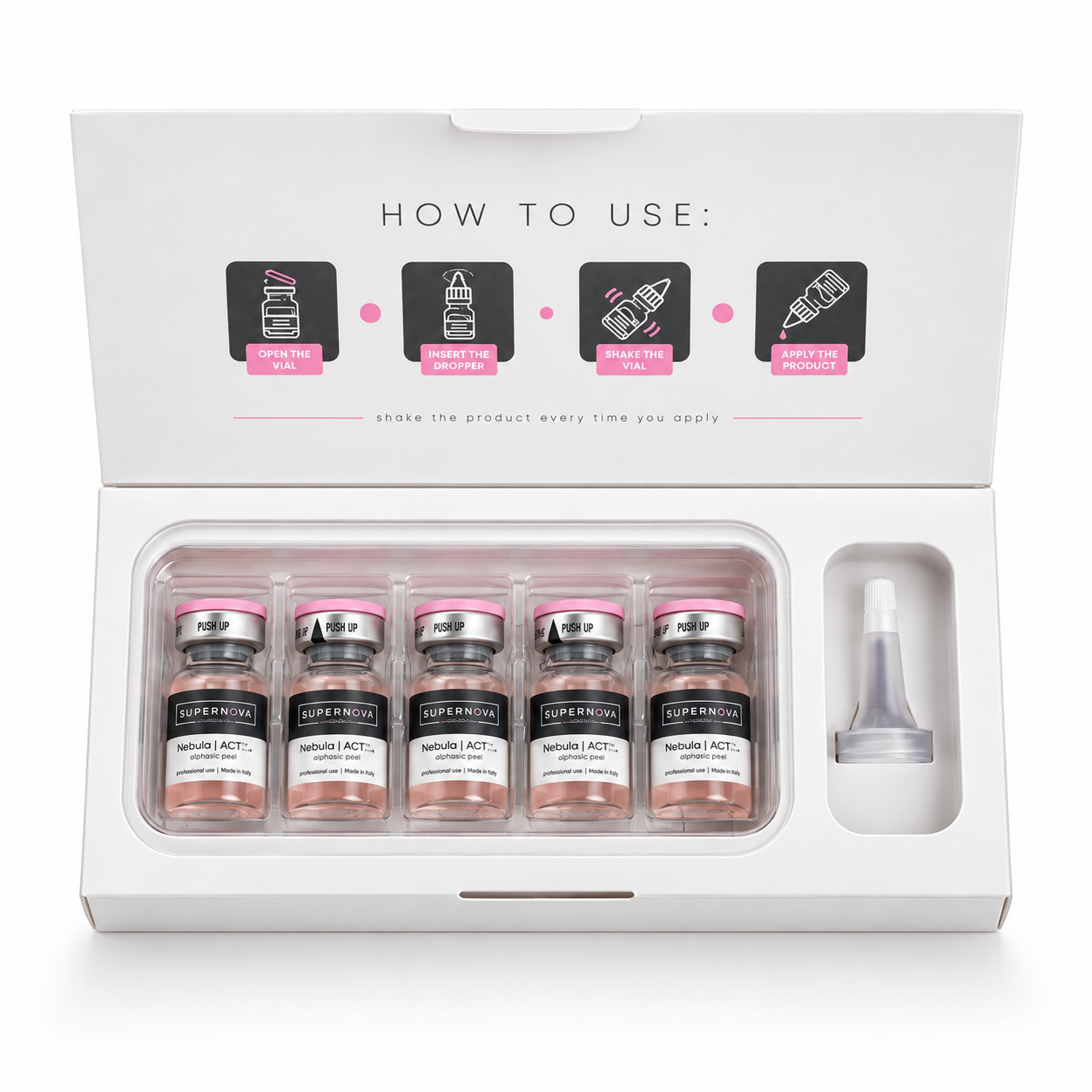 Supernova Nebula ACTO2 professional peel kit with five 6 mL vials, dropper applicator and instructions, top-down studio view