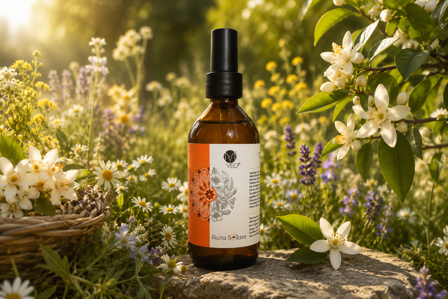 Mediterranean landscape with Neroli blossoms and eucalyptus — inspiration for MyVEG Hydra-Bagno Radioso signature scent
