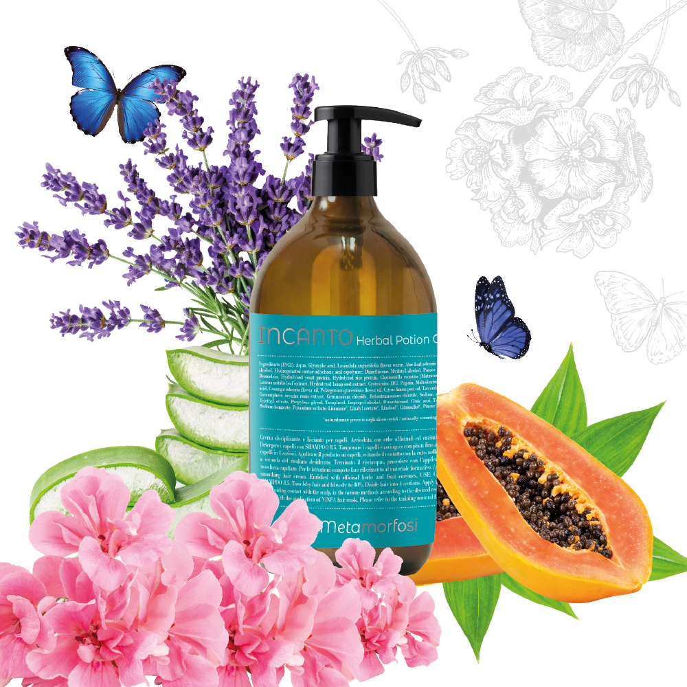 MyVEG Incanto Herbal Potion bottle with papaya, aloe vera, lavender, and butterflies