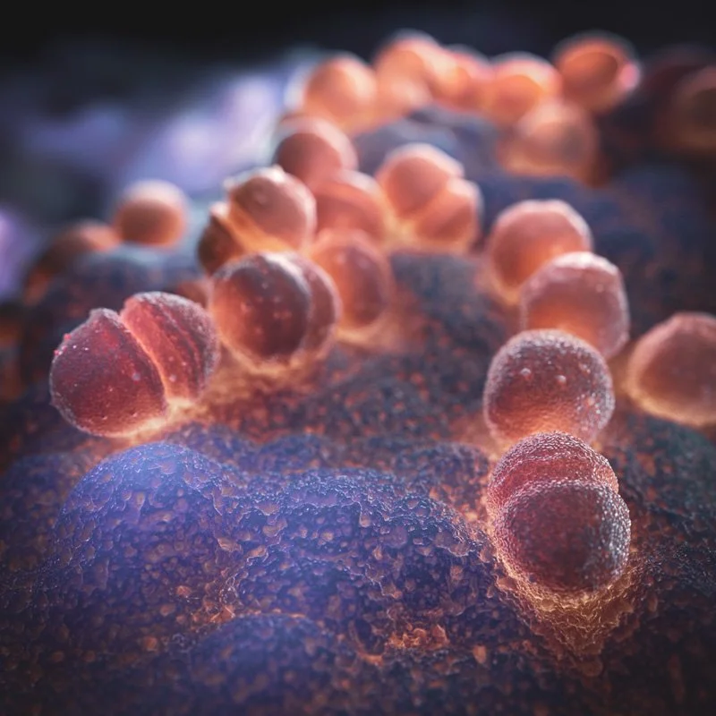 Close-up microscopic image of bacteria or cells on a surface with round and textured structures in shades of orange, purple, and blue, from a pharmaceutical 3D medical animation project..
