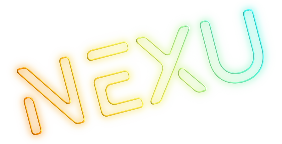 Colorful neon sign spelling "NEXU" in orange, yellow, green, and blue gradient.