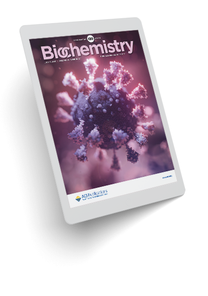 Cover of Biochemistry magazine featuring a close-up illustration of a virus particle, with the title at the top and a label for ACS Fluorokits at the bottom.