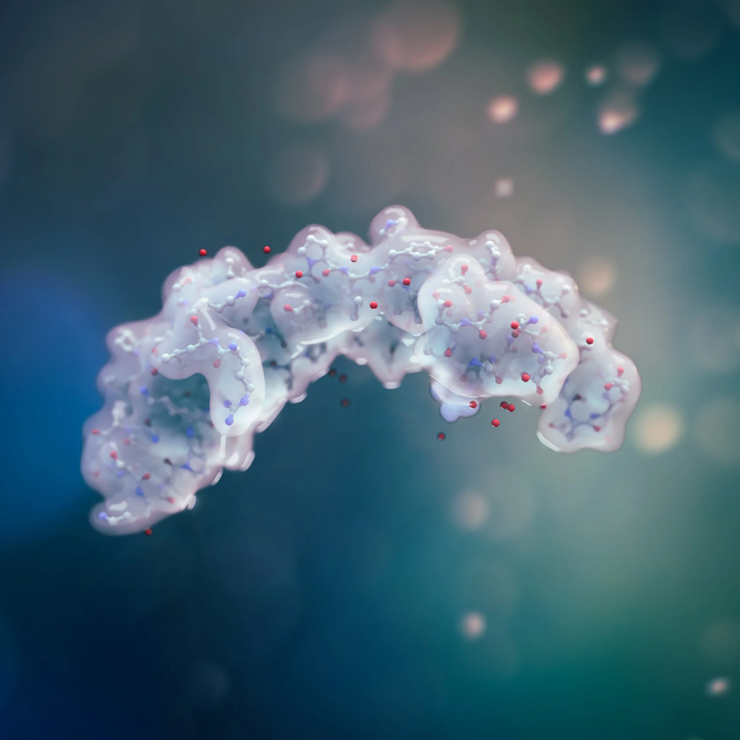 Molecular medical animation graphic showing a molecular structure with interconnected atoms, depicted as spheres, in a scientific style with a blurred background.