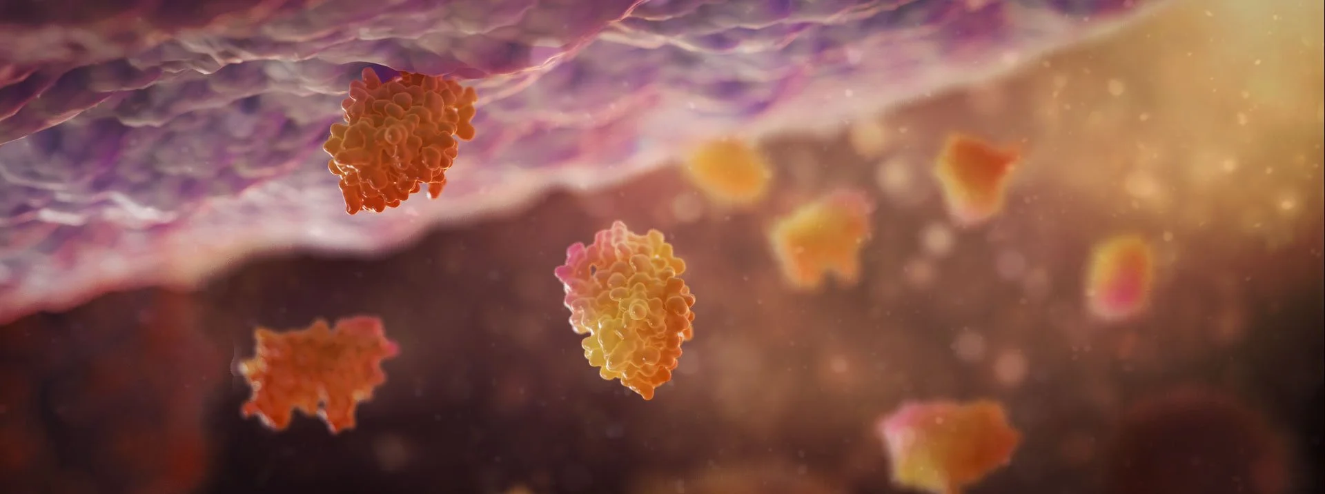 Magnified view of virus particles attaching to a cell membrane.