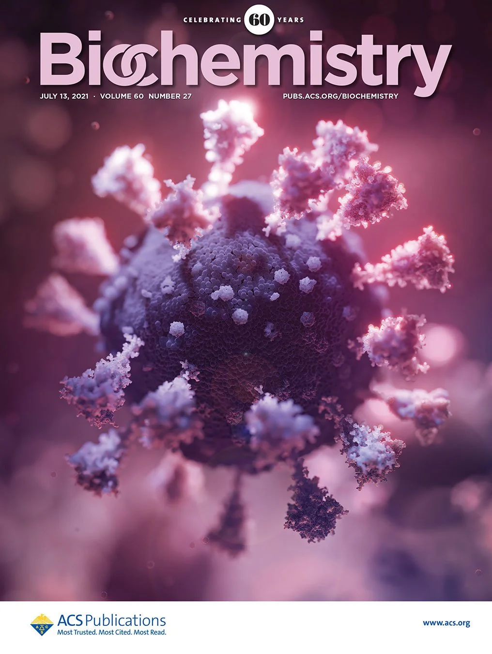 Close-up illustration of a virus particle with spike proteins, representing the COVID-19 virus, on the cover of a biochemistry magazine.