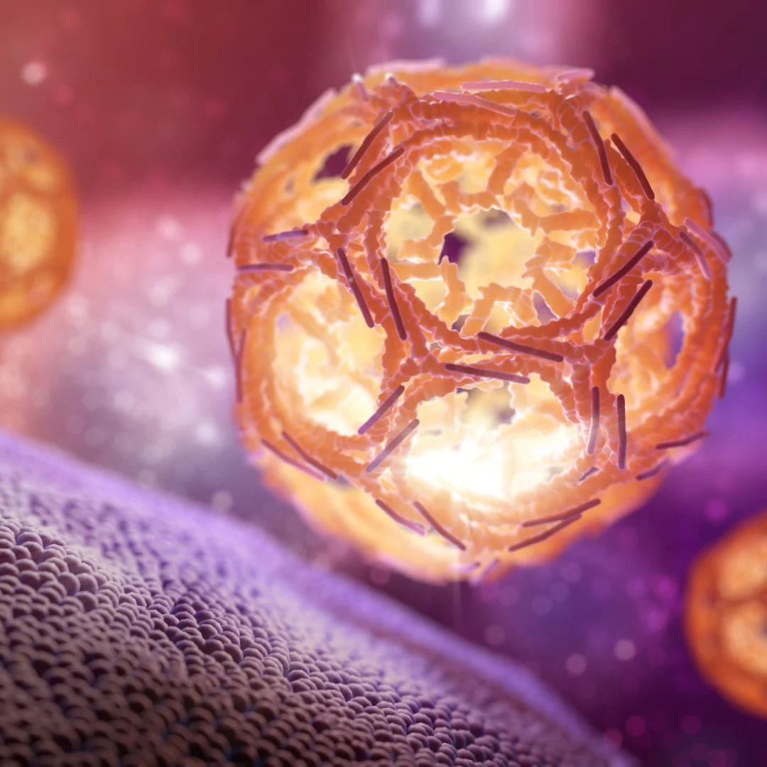 A highly magnified 3d generated illustration of a Clathrin with a spherical shape and protein structures, glowing with an orange hue against a purple background.