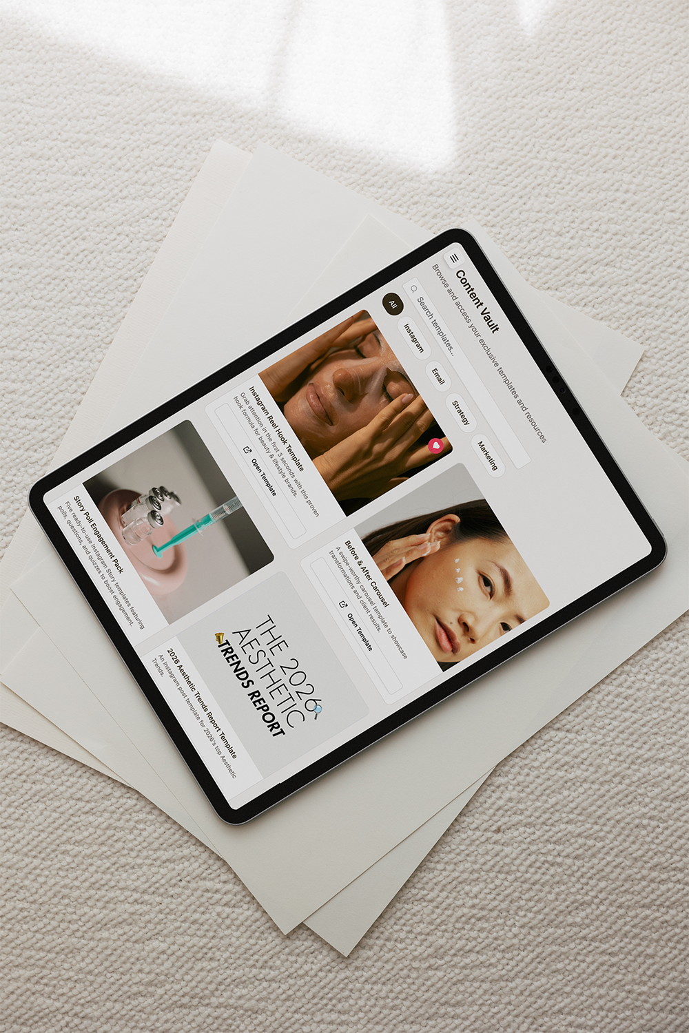 an ipad showing marketing templates for aesthetics