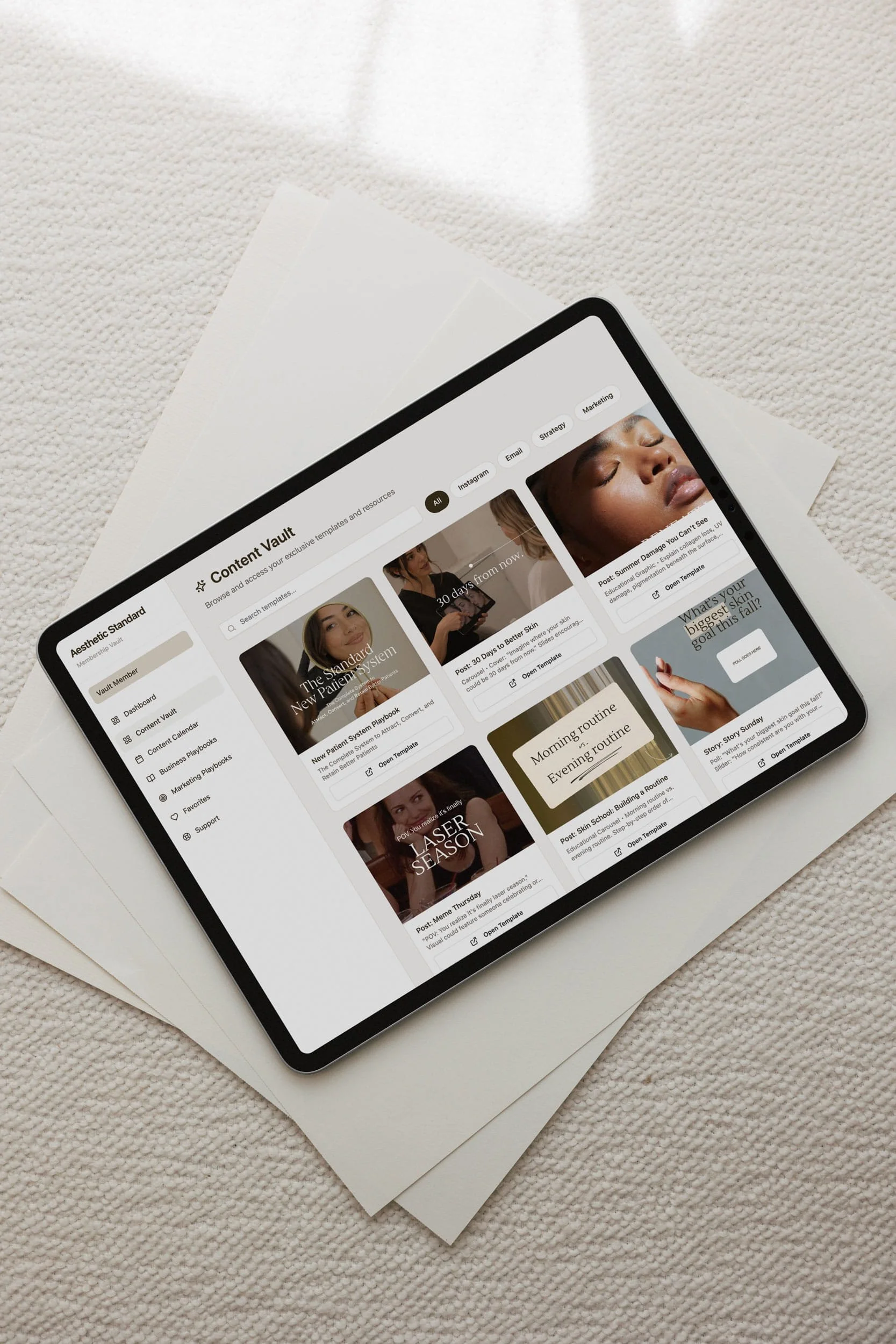 an ipad showing marketing templates for aesthetics