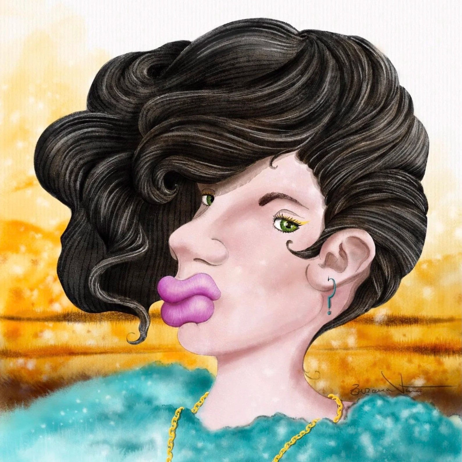 Watercolor and ink portrait illustration of a woman with dark curly hair by Zuzana Vass
