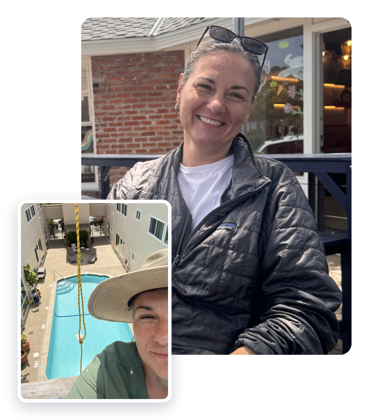 Zuzana Vass smiling on a sunny patio, and a selfie from the scaffold above the Casa Linda pool while painting the Teeming with Life mural
