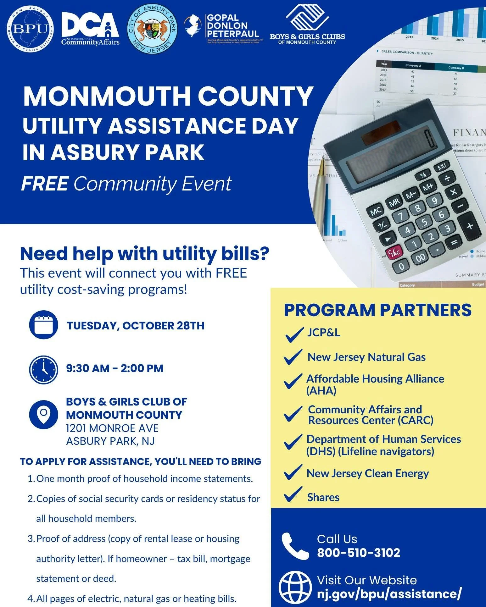 Need help with utility bills? 💡💰
Join us for Monmouth County Utility Assistance Day in Asbury Park — a FREE community event where you can get connected to energy-saving programs and financial assistance!
📅 Tuesday, October 28th
🕘 9:30 AM &n