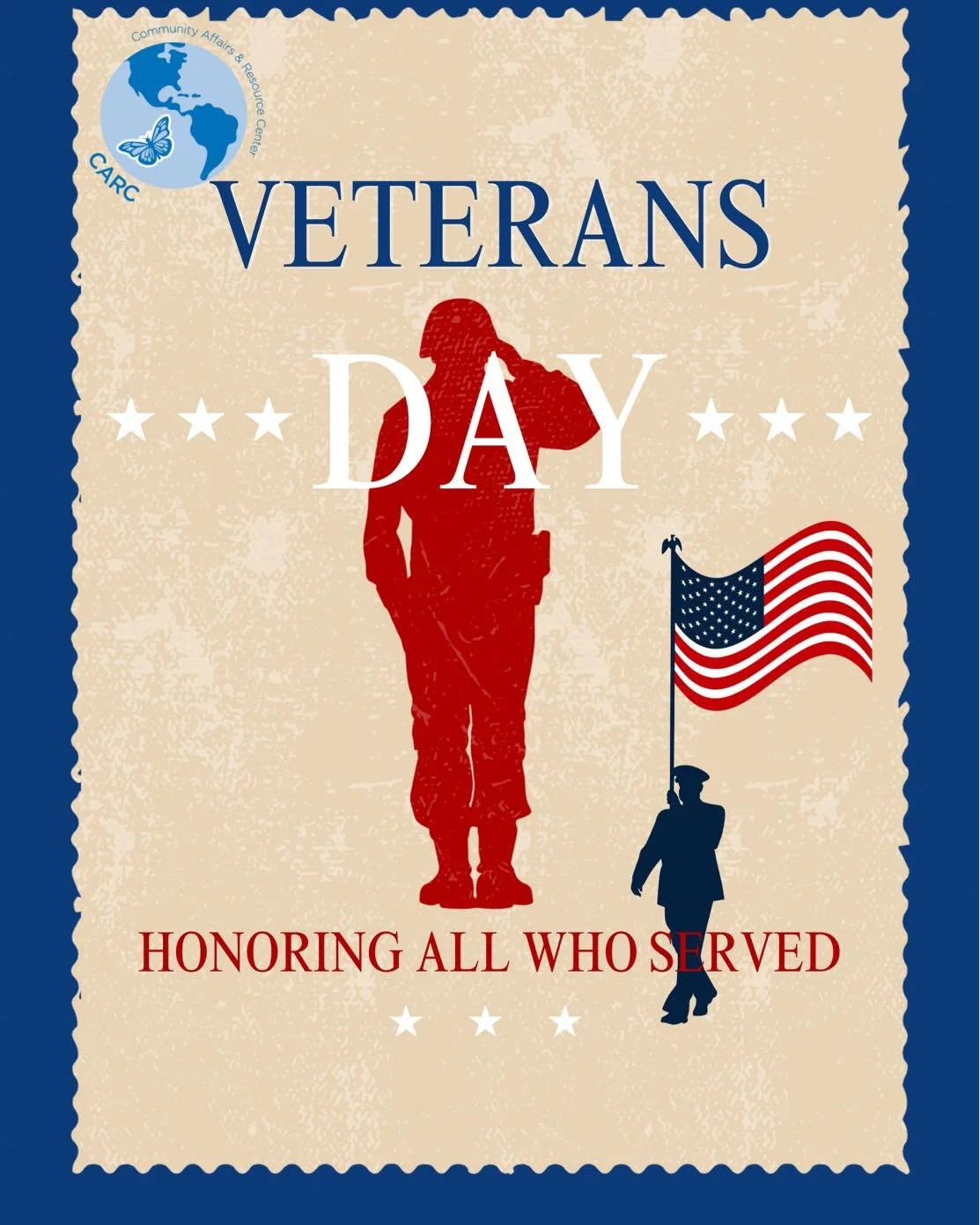 🇺🇸 All CARC offices will be closed tomorrow, Tuesday, November 11th, in observance of Veterans Day.
📅 We will reopen on Wednesday, November 12th.

🇺🇸 Todas las oficinas de CARC estar&aacute;n cerradas ma&ntilde;ana, martes 11 de noviembre, en co