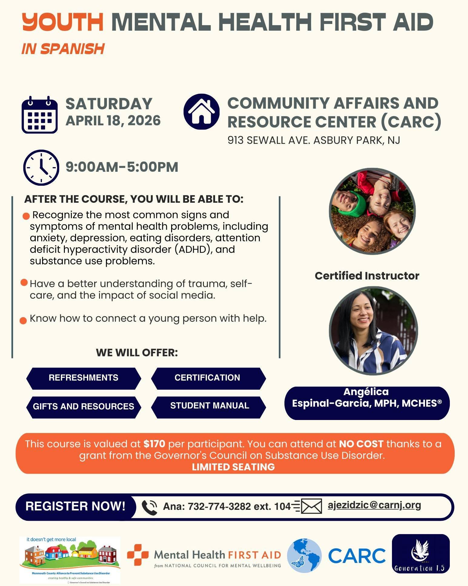 We invite you to join us for an important and meaningful workshop focused on recognizing the most common signs of mental health concerns.
Let&rsquo;s learn how to better support ourselves and others.
Spots are limited, please register today!

*****
L